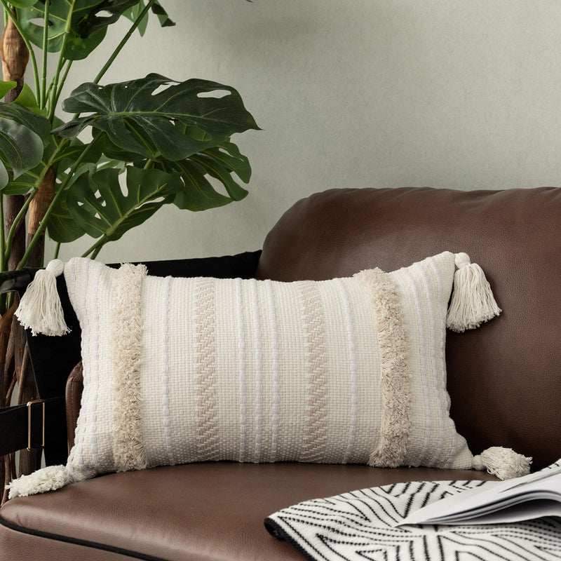 OJIA Lumbar Decorative Boho Throw Pillow Cover 12 x 20 Farmhouse Cute Pillowcase Minimalist Neutral Collection Cream White Tufted with Tassels Woven Cushion Cover for Sofa Couch Bedroom Living Room