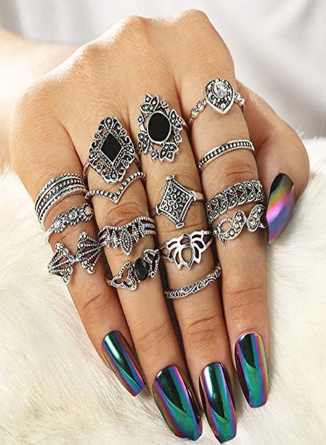 WLL 6-16 PCS Knuckle Stacking Rings for Women,Boho Vintage Sun Moon Finger Rings Stackable Silver Midi Rings Set Multiple Rings Jewelry (E:15 PCS) - Image 3