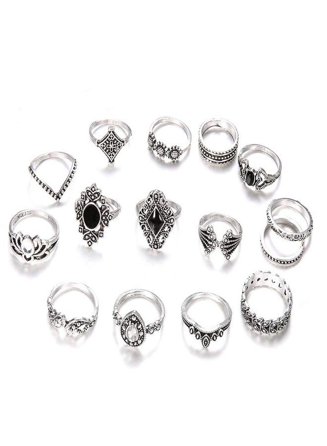 WLL 6-16 PCS Knuckle Stacking Rings for Women,Boho Vintage Sun Moon Finger Rings Stackable Silver Midi Rings Set Multiple Rings Jewelry (E:15 PCS) - Image 1