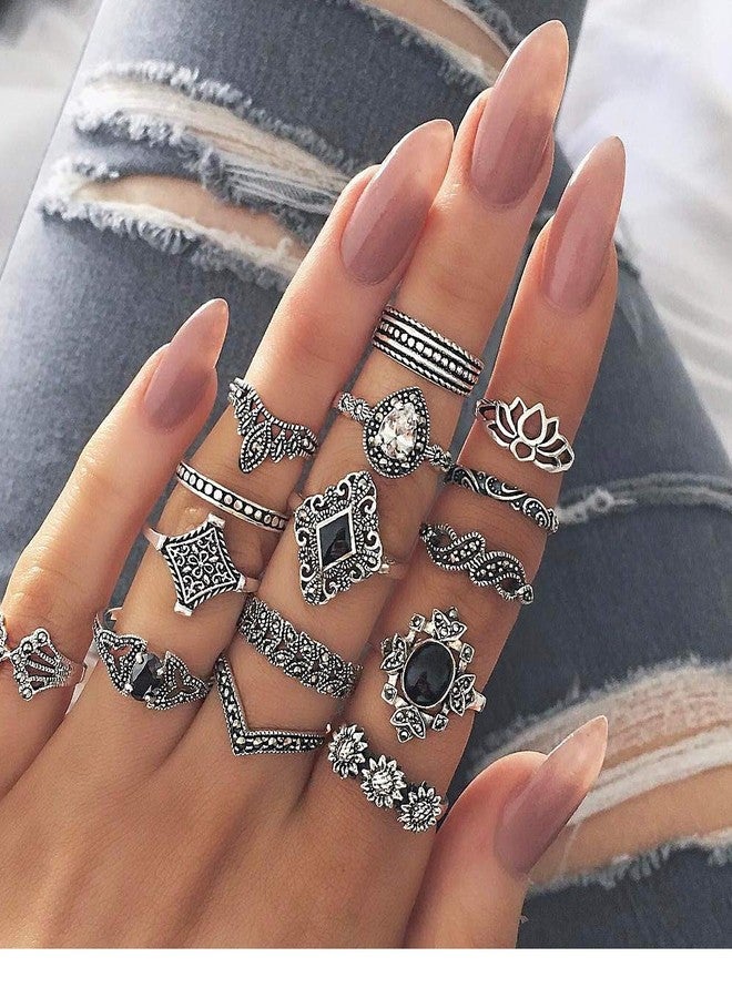 WLL 6-16 PCS Knuckle Stacking Rings for Women,Boho Vintage Sun Moon Finger Rings Stackable Silver Midi Rings Set Multiple Rings Jewelry (E:15 PCS) - Image 2