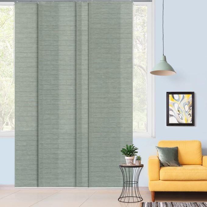 ADJUSTABLE SLIDING PANEL TRACK BLINDS FITS WINDOWS PATIO DOORS SLIDING GLASS DOORS CLOSET DOORS ADJUSTABLE TRACK WIDTH 458 86 TRIMMABLE PANEL HEIGHT UP TO 96 BLUSHING HIPPO