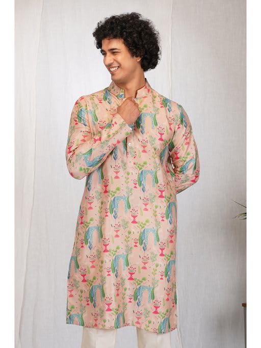LookMark Men's Cotton Blend Printed Long Kurta Suitable for All Indian Wedding, Occasions, and Festivals (AZ-LM-OG-Kurta 19-XXL) Peach - Image 2