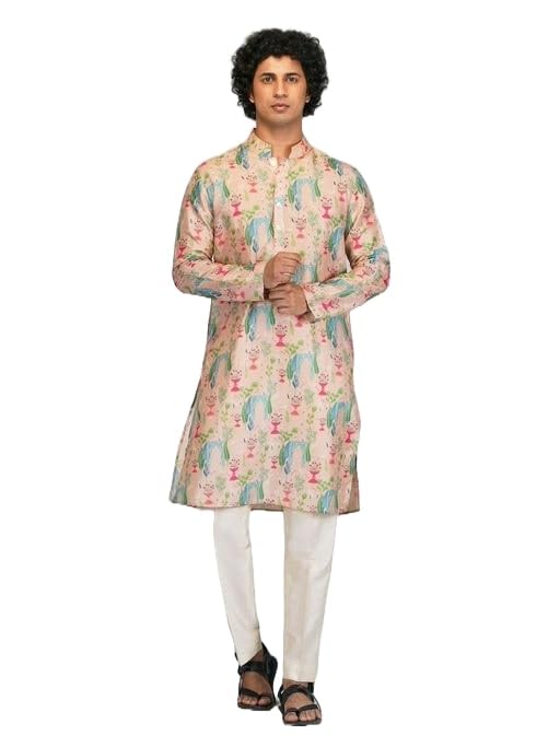 LookMark Men's Cotton Blend Printed Long Kurta Suitable for All Indian Wedding, Occasions, and Festivals (AZ-LM-OG-Kurta 19-XXL) Peach - Image 5