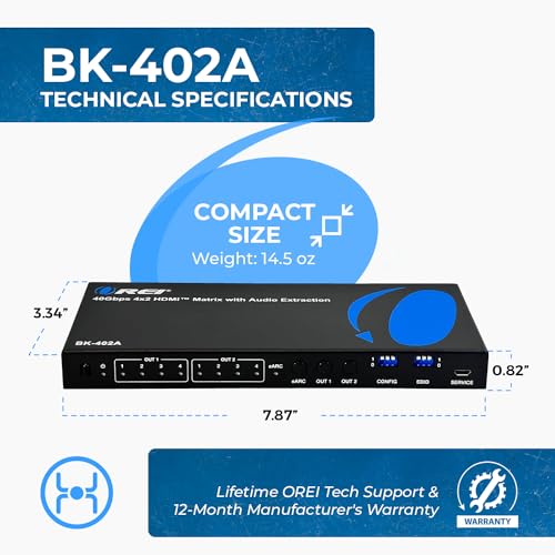OREI 8K eARC HDMI Matrix Switch 4 X 2, Switcher with Audio Extractor UltraHD Supports Upto 4K @ 120Hz IR EDID HDCP 2.3 - Remote Control (BK-402A) - Image 5