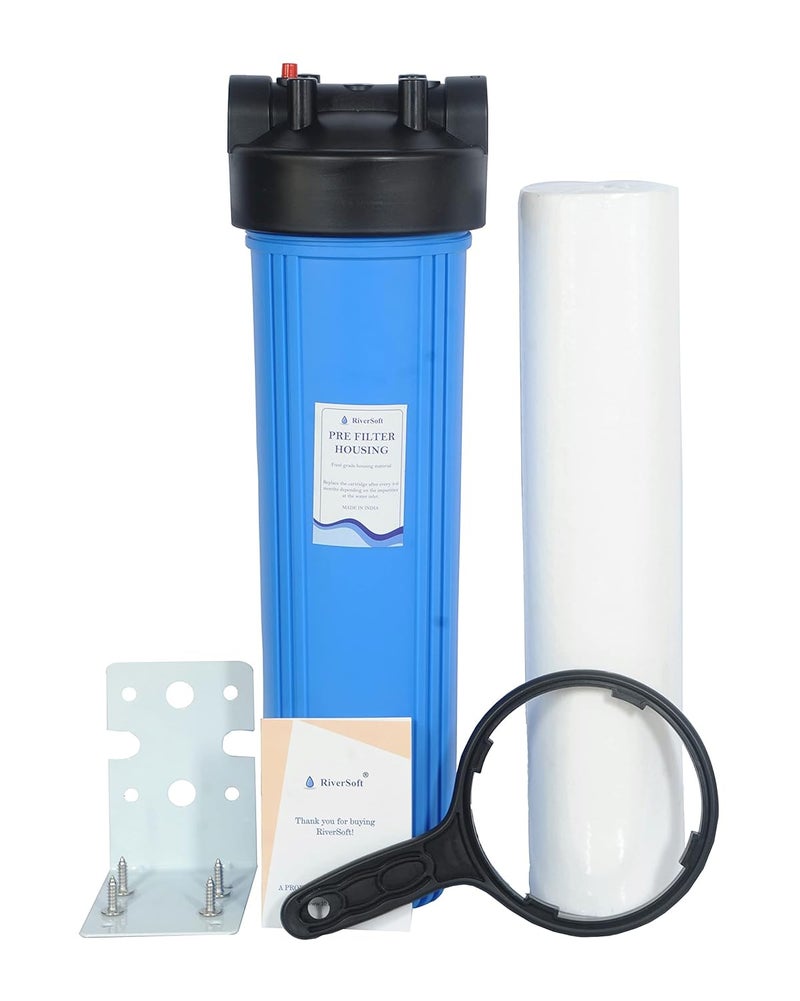 RiverSoft Sediment Filter Assembly ASP20HV5 Spun Cartridge 5 Micron for Filtering Sediments Install in Mainline for 1 HP2 HP Motor 20 inch 5 Micron 1 inch InletOutlet Blue PP - Image 1