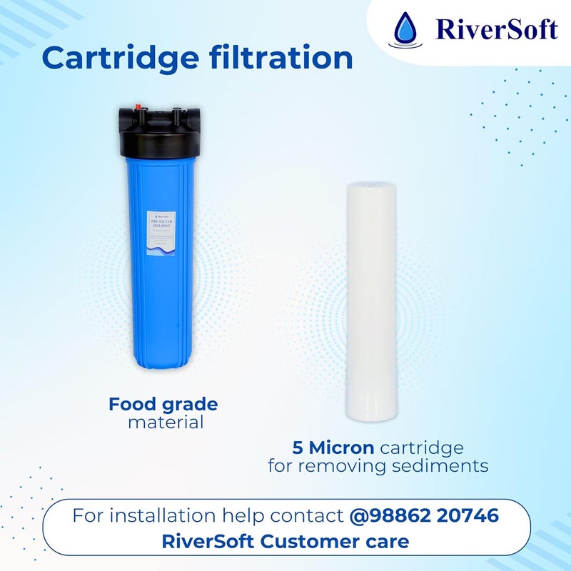 RiverSoft Sediment Filter Assembly ASP20HV5 Spun Cartridge 5 Micron for Filtering Sediments Install in Mainline for 1 HP2 HP Motor 20 inch 5 Micron 1 inch InletOutlet Blue PP - Image 2