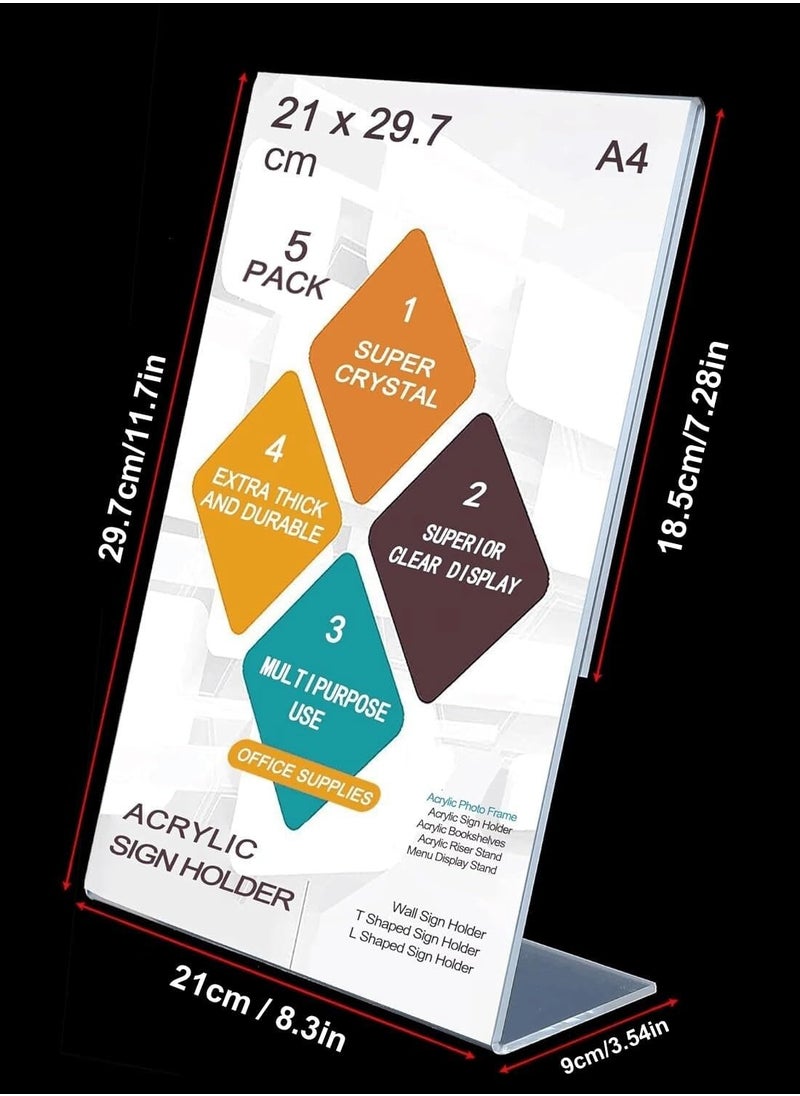 Generic - A4 Acrylic Sign Holder, 5pack L-Shape A4 Perspex Display Stand, Clear Poster Menu Holders for Office School Shop Restaurant - Image 1
