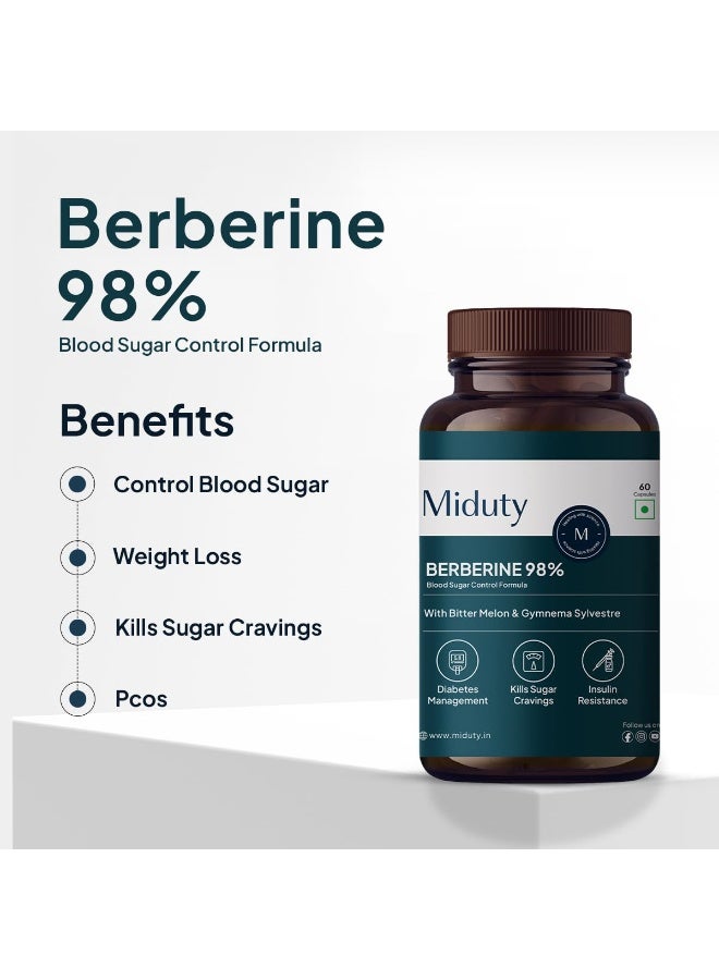 Miduty High Strength Berberine HCL 98% For Metabolism & Blood Sugar Control- Diabetic and Pre-Diabetic Care - Stop Sugar Cravings | 60 Capsule - Image 3
