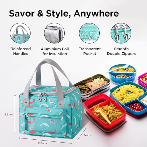 UMAI Insulated Lunch/Tiffin/Storage Bag for Kids, Women & Men | Ideal Tote Bag for Office/School/Outdoor Activities-Lightweight, Durable Handle, Front Pocket for Napkins, Cutlery (Green) - Image 2