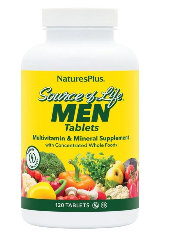 Nature's Plus ناتشرز بلس مصدر الحياة للرجال - 120 قرص، عبوة من 2 - مكمل متعدد الفيتامينات والمعادن خالي من الحديد - مع ساو بالميتو، لايكوبين ولوتين - خالي من الجلوتين، نباتي - 120 حصة إجمالية - Image 1