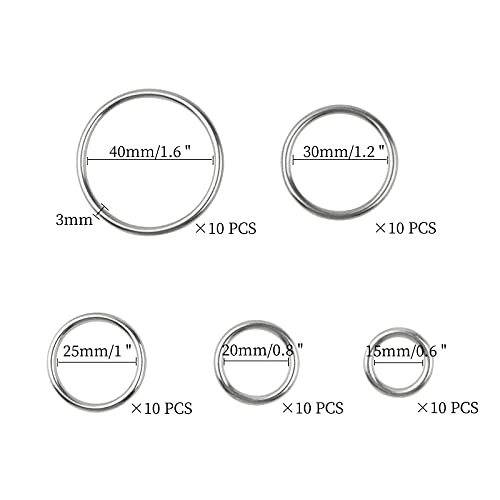 Hamineler 50 Pcs Stainless Steel Smoothing Welded O-Ring, 15/20/25/30/40mm Inside Diameter Metal Round Rings for Camping Belt, Dog Leashes, Hardware (Thickness 3mm, 10 of Each) - Image 2
