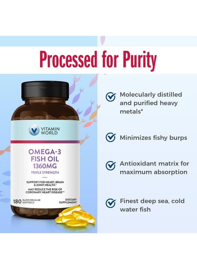 Vitamin World Triple Strength Omega 3 Fish Oil 1360 mg Supplement, 950 mg Active Omega-3 Fatty Acids with EPA & DHA, Supports Heart, Brain & Joint Health, Gluten Free, 180 Softgels, 6 Months Supply - Image 5