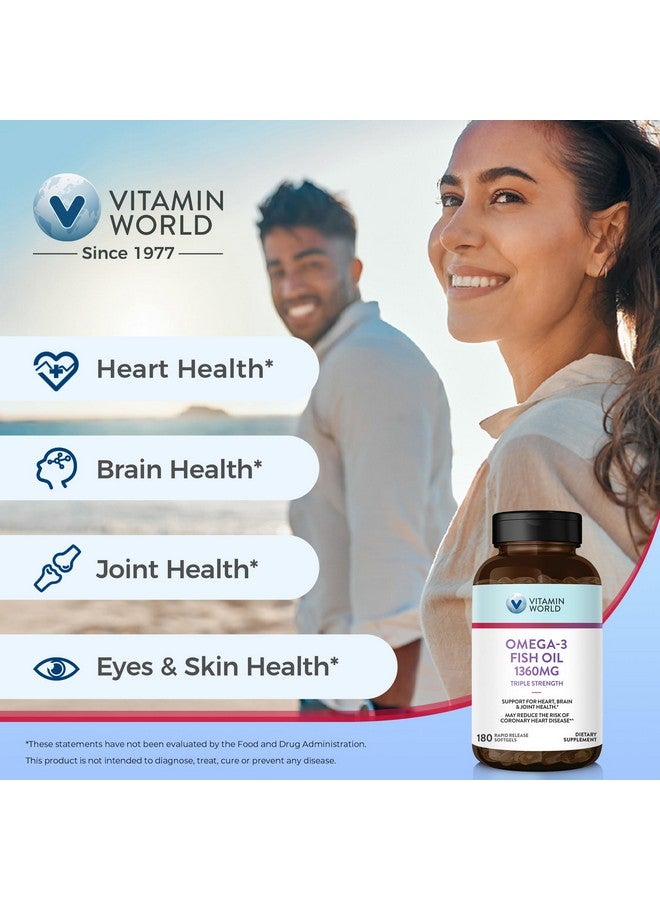 Vitamin World Triple Strength Omega 3 Fish Oil 1360 mg Supplement, 950 mg Active Omega-3 Fatty Acids with EPA & DHA, Supports Heart, Brain & Joint Health, Gluten Free, 180 Softgels, 6 Months Supply - Image 4