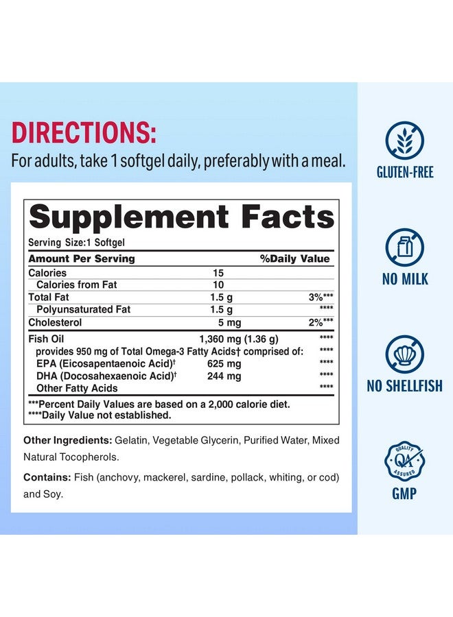 Vitamin World Triple Strength Omega 3 Fish Oil 1360 mg Supplement, 950 mg Active Omega-3 Fatty Acids with EPA & DHA, Supports Heart, Brain & Joint Health, Gluten Free, 180 Softgels, 6 Months Supply - Image 2