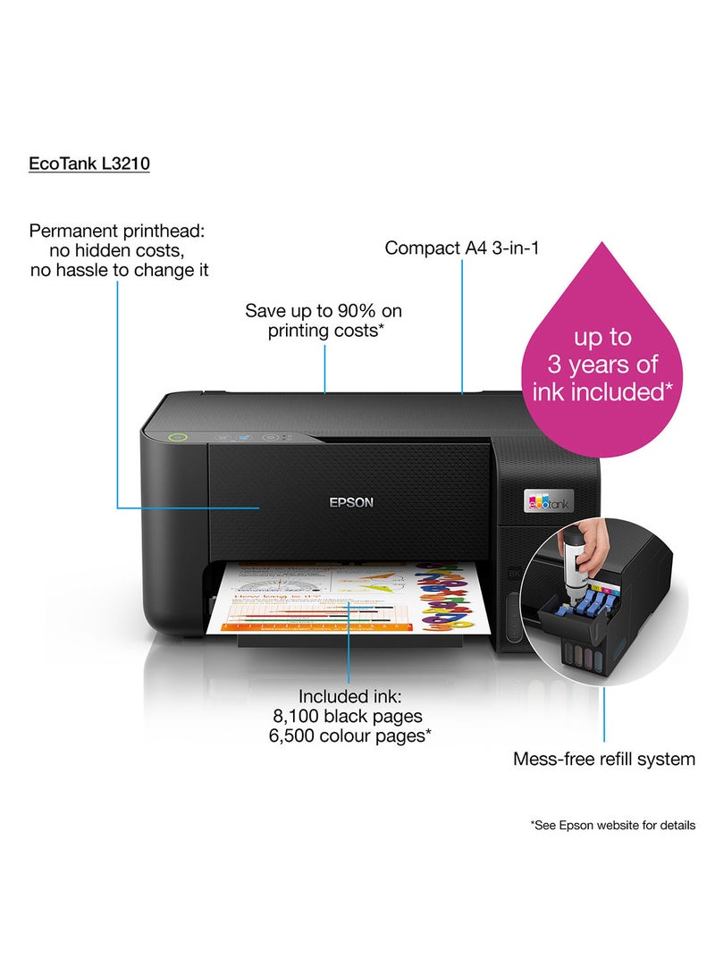 إبسون ايكو تانك L3210 Home Ink Tank Printer A4، ملونة، طابعة 3 في 1، أسود، صغير الحجم - Image 4