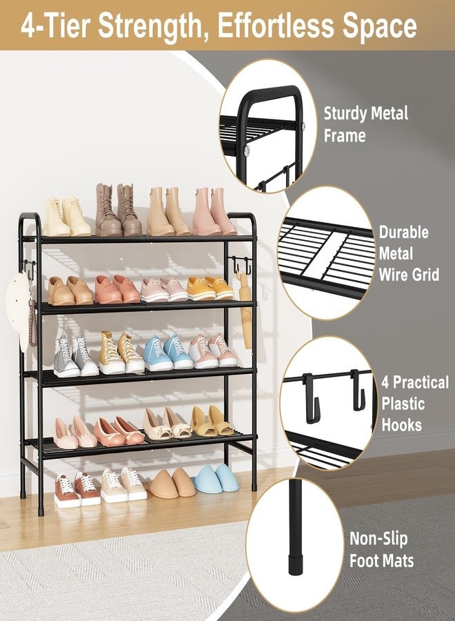 VILICK 4-Tier Shoe Rack 33" Wide Metal Shoe Organizer Long Shoe Storage with 4 Side Hooks Sturdy Shoes Shelf for Closet, Front Door Entrance, Garage, Dorm, Black - Image 4