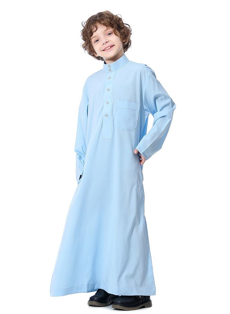 إسكدنيا Boys Solid Color Stand Collar Long Sleeve Abaya Robe Islamic Arabic Kaftan Light Blue  - Image 2