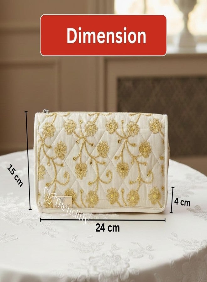 Trendifly Embroidery Sling Jewellery Organiser Storage Bag Pouch for women & girls | Bank Locker jewelry Organizer | Earring Necklace Bangles Organiser for Travel & Gifting (Creamm) - Image 3