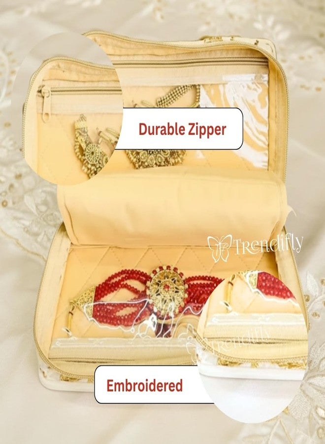 Trendifly Embroidery Sling Jewellery Organiser Storage Bag Pouch for women & girls | Bank Locker jewelry Organizer | Earring Necklace Bangles Organiser for Travel & Gifting (Creamm) - Image 4