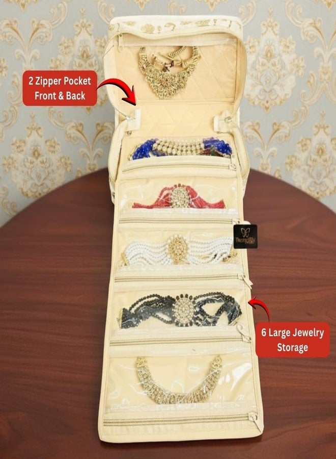 Trendifly Embroidery Sling Jewellery Organiser Storage Bag Pouch for women & girls | Bank Locker jewelry Organizer | Earring Necklace Bangles Organiser for Travel & Gifting (Creamm) - Image 5