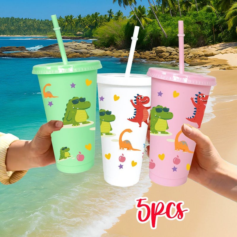 Set Of 5 Light Blue 26 Oz 780 Ml Plastic Party Cups With Dinosaur Pattern Lid And Straw Reusable Tumbler For New Year Valentine Wedding Gifts And Holidays - Image 5