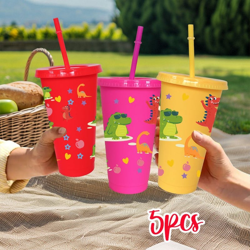 Set Of 5 Light Blue 26 Oz 780 Ml Plastic Party Cups With Dinosaur Pattern Lid And Straw Reusable Tumbler For New Year Valentine Wedding Gifts And Holidays - Image 4