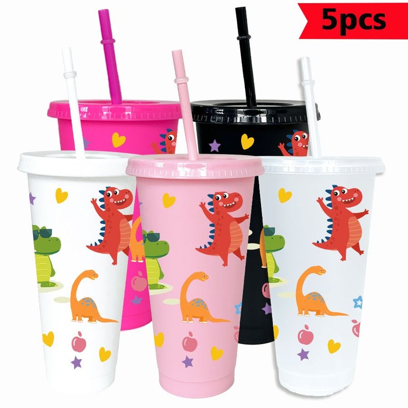 Set Of 5 Light Blue 26 Oz 780 Ml Plastic Party Cups With Dinosaur Pattern Lid And Straw Reusable Tumbler For New Year Valentine Wedding Gifts And Holidays - Image 1