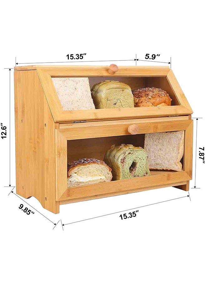 Double Layer Large Bamboo Bread Box for Kitchen Counter, Wooden Large Capacity Bread Storage Bin with transparent windows