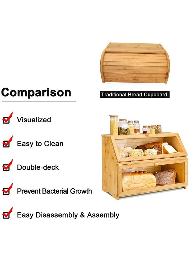 Double Layer Large Bamboo Bread Box for Kitchen Counter, Wooden Large Capacity Bread Storage Bin with transparent windows