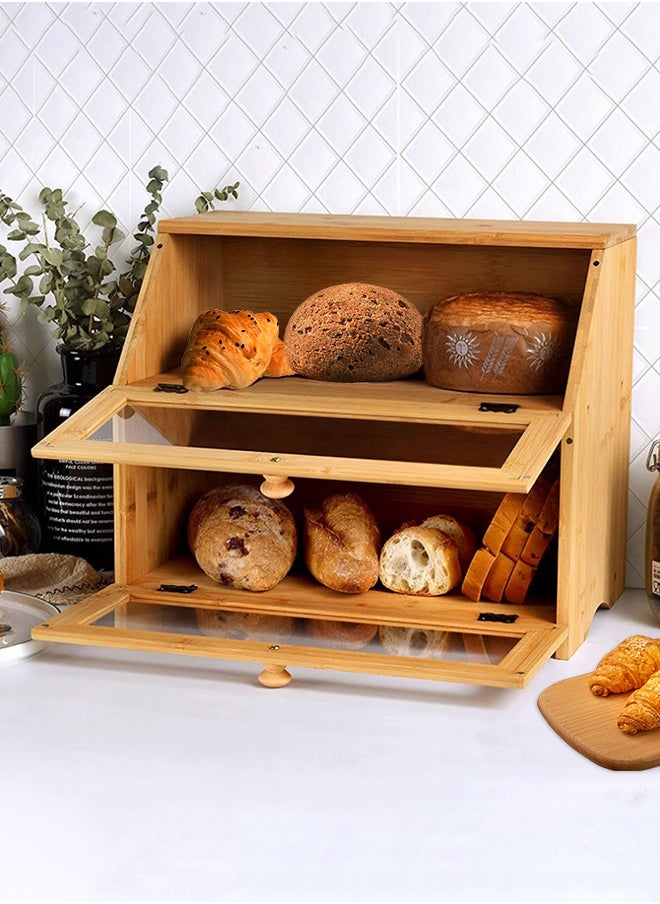 Double Layer Large Bamboo Bread Box for Kitchen Counter, Wooden Large Capacity Bread Storage Bin with transparent windows