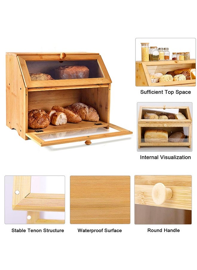 Double Layer Large Bamboo Bread Box for Kitchen Counter, Wooden Large Capacity Bread Storage Bin with transparent windows