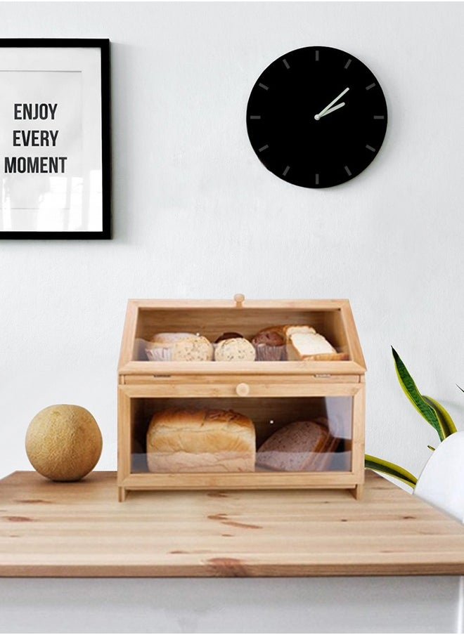 Double Layer Large Bamboo Bread Box for Kitchen Counter, Wooden Large Capacity Bread Storage Bin with transparent windows