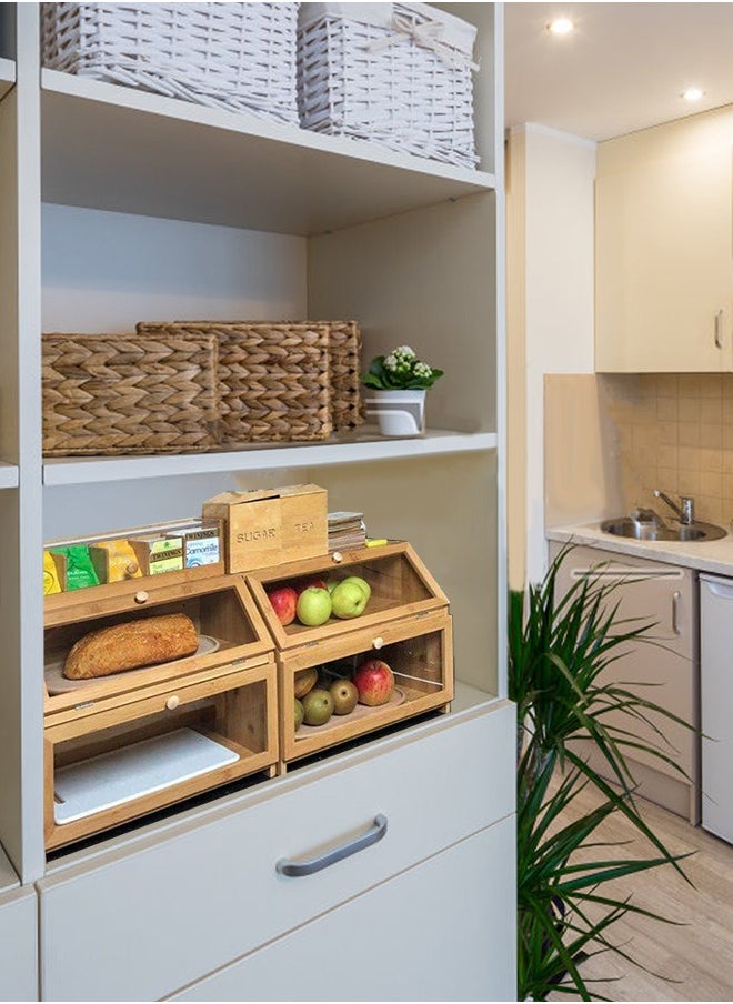 Double Layer Large Bamboo Bread Box for Kitchen Counter, Wooden Large Capacity Bread Storage Bin with transparent windows