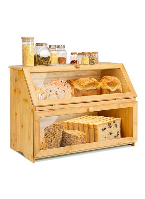 Double Layer Large Bamboo Bread Box for Kitchen Counter, Wooden Large Capacity Bread Storage Bin with transparent windows