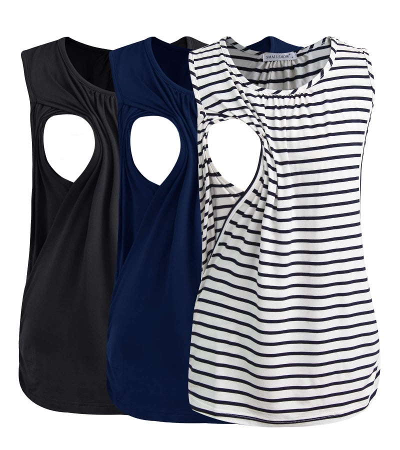 قمصان رضاعة للنساء من سمولشو - 3 قطع كبيرة باللون الأسود والنيلي والأبيض المخطط