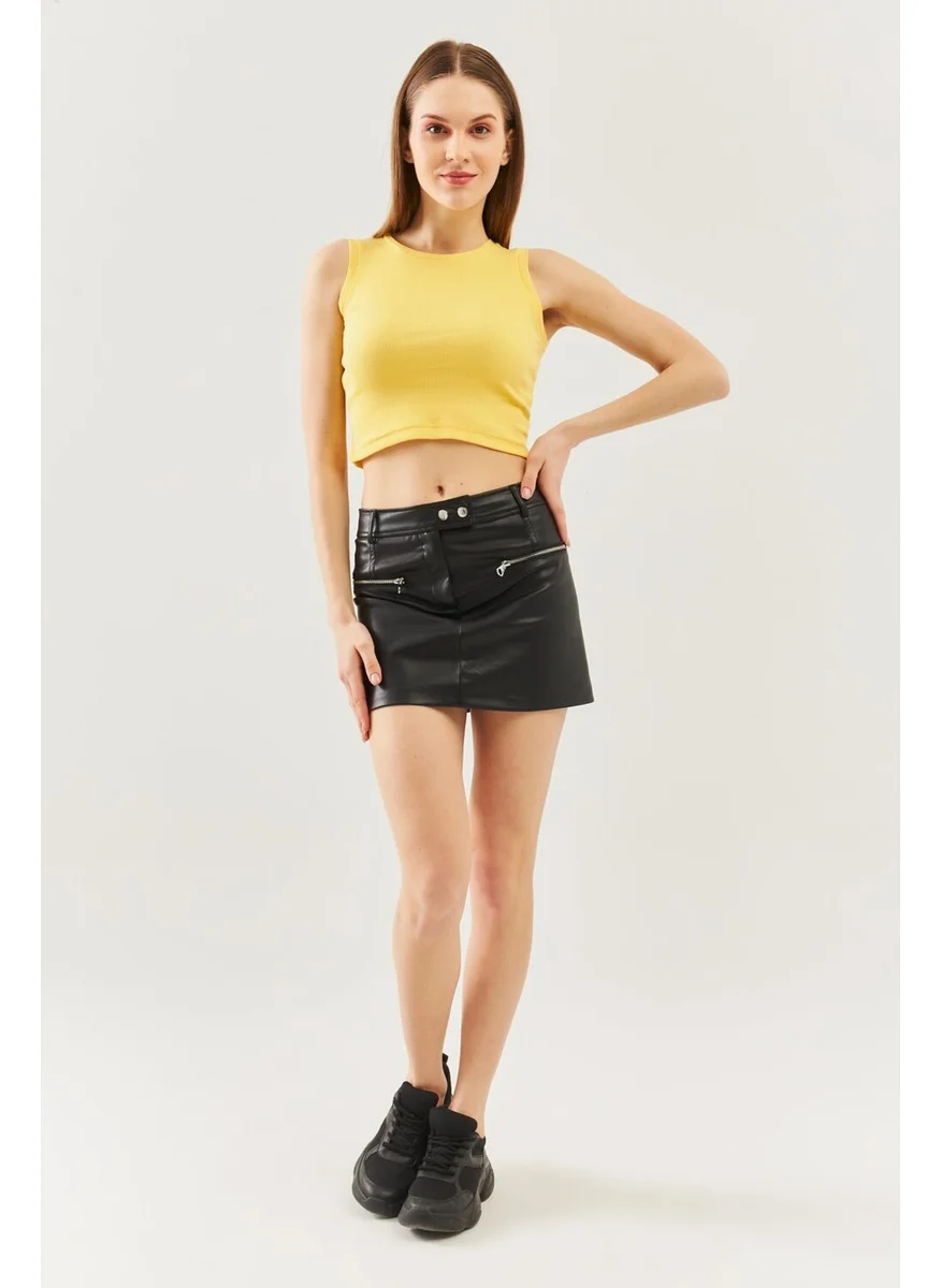Butikgiz Sarı Sıfır Kol Bisiklet Yaka Vücuda Oturan %100 Pamuklu Kaşkorse Esnek Crop Bluz