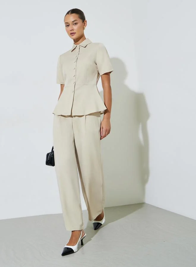 ستايلي Beige Solid Pleated Wide Leg Pants