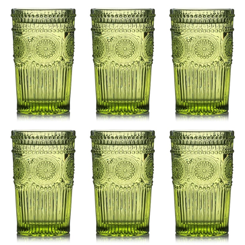 Kingrol 6 Pack 12 oz Vintage Drinking Glasses Embossed Romantic Water Glassware Glass Tumbler Set for Juice Beverages Beer Cocktail Green