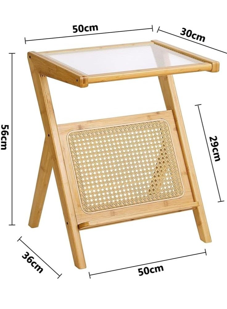 Rattan Side Table with Glass Top | Mid Century Modern Nightstand with Storage | Small Bamboo Coffee Table for Living Room & Bedroom | Wooden End Table Accent Nightstand