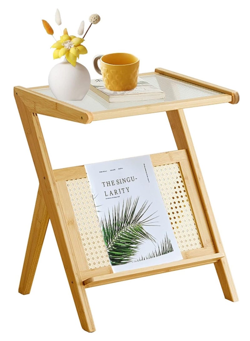 Rattan Side Table with Glass Top | Mid Century Modern Nightstand with Storage | Small Bamboo Coffee Table for Living Room & Bedroom | Wooden End Table Accent Nightstand