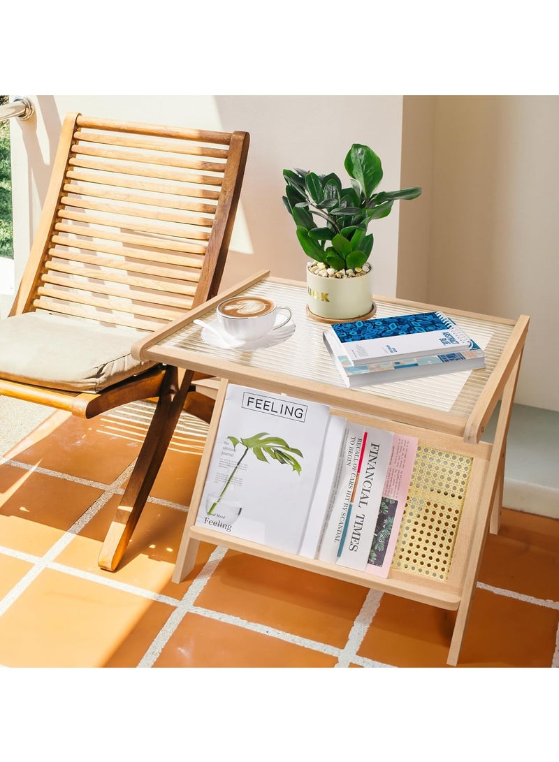 Rattan Side Table with Glass Top | Mid Century Modern Nightstand with Storage | Small Bamboo Coffee Table for Living Room & Bedroom | Wooden End Table Accent Nightstand