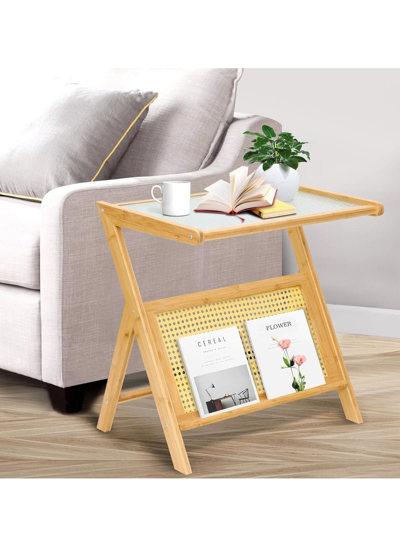 Rattan Side Table with Glass Top | Mid Century Modern Nightstand with Storage | Small Bamboo Coffee Table for Living Room & Bedroom | Wooden End Table Accent Nightstand