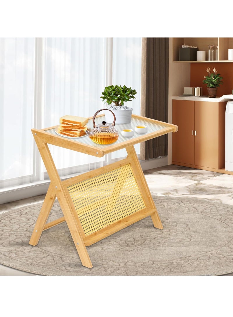 Rattan Side Table with Glass Top | Mid Century Modern Nightstand with Storage | Small Bamboo Coffee Table for Living Room & Bedroom | Wooden End Table Accent Nightstand
