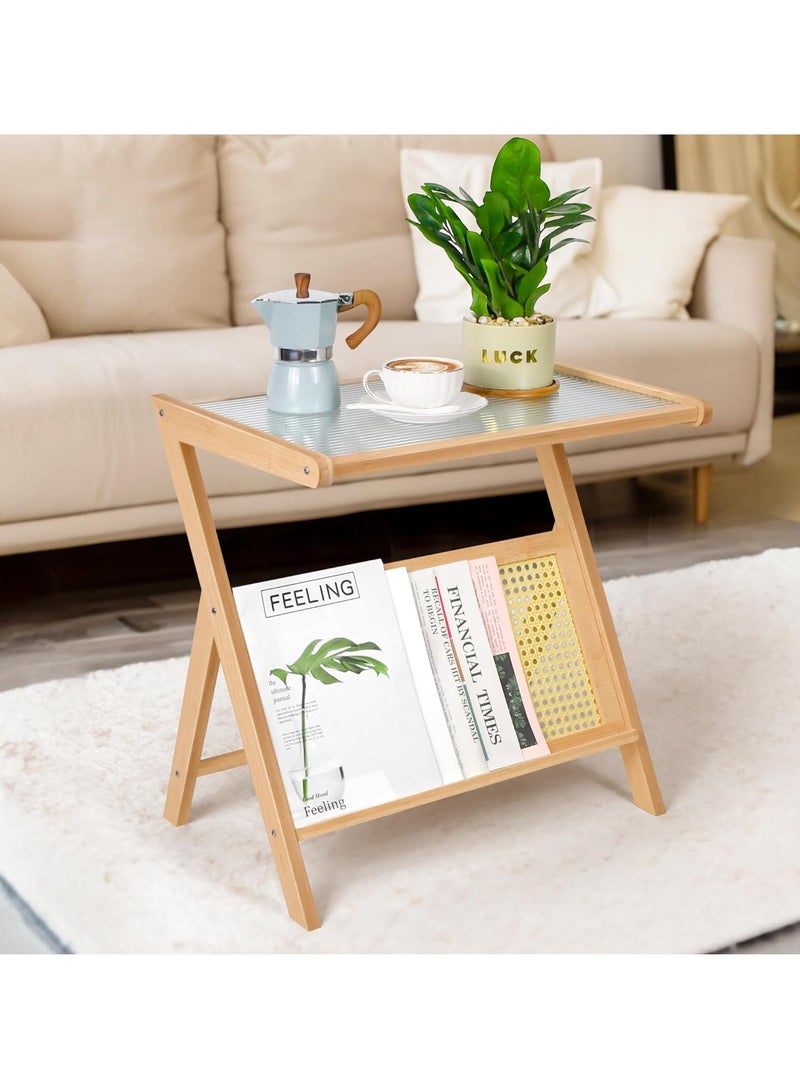 Rattan Side Table with Glass Top | Mid Century Modern Nightstand with Storage | Small Bamboo Coffee Table for Living Room & Bedroom | Wooden End Table Accent Nightstand