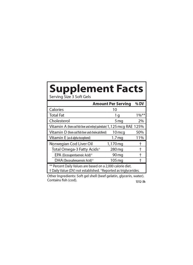 Cod Liver Oil Minis 280 Mg Omega3S + Vitamins A & D3 Heart Support & Cognitive Function Vision Health 250 Mini Soft Gels