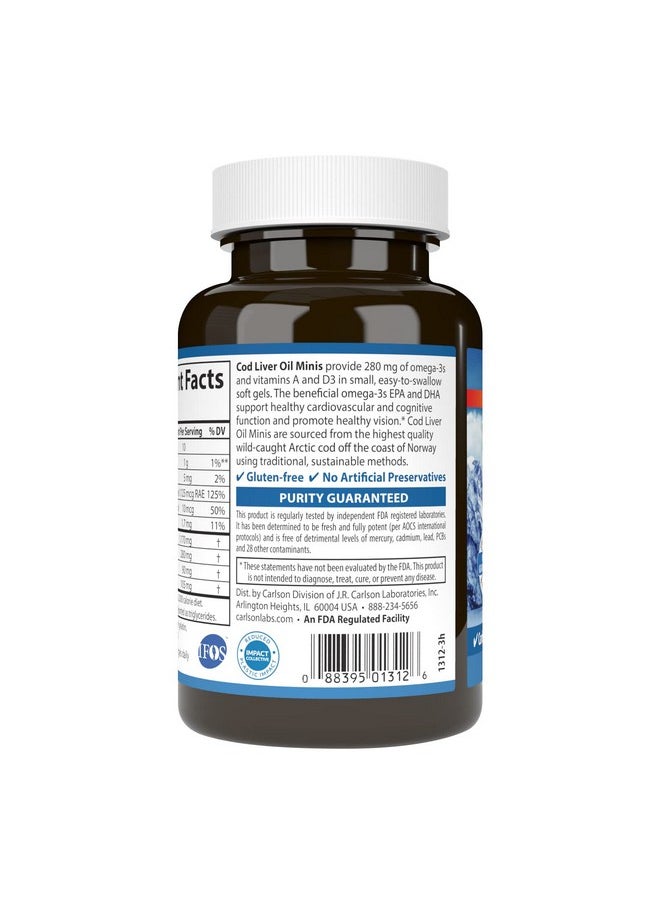 Cod Liver Oil Minis 280 Mg Omega3S + Vitamins A & D3 Heart Support & Cognitive Function Vision Health 250 Mini Soft Gels
