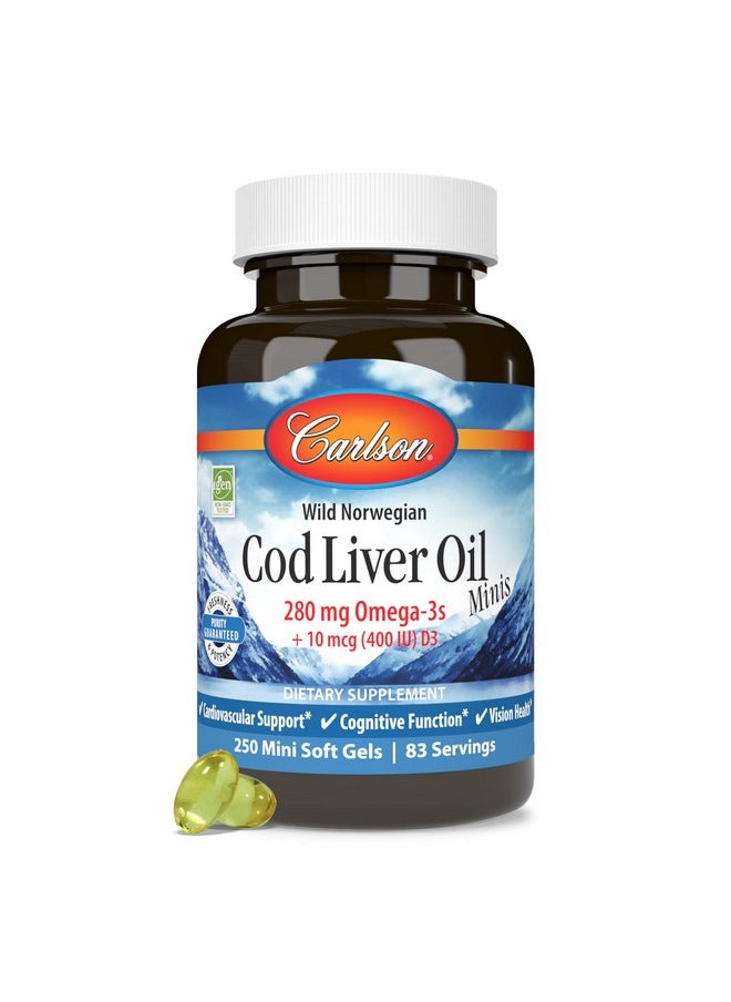 Cod Liver Oil Minis 280 Mg Omega3S + Vitamins A & D3 Heart Support & Cognitive Function Vision Health 250 Mini Soft Gels