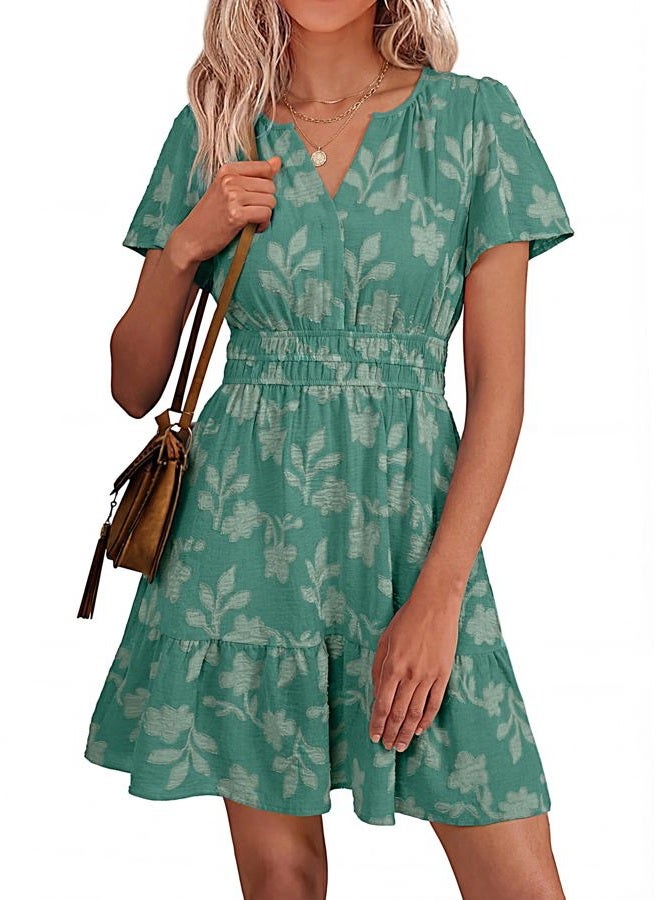 SIMPLEE Womens Summer Floral Dress Casual Short Sleeve V Neck Empire Waist Boho Flowy A Line Mini Wedding Guest Dresses, Teal, M - Image 1