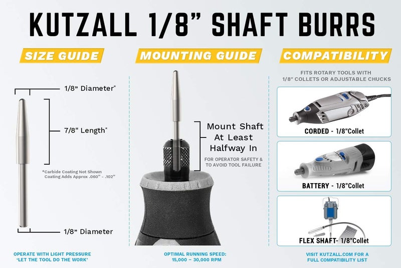 Kutzall Original Taper Rotary Burr, 1/8" Shaft, Coarse - Woodworking Tool for Dremel and Other Grinders - Image 3