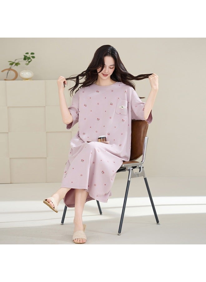 Women's Summer Pure Cotton Short-sleeved Thin Long Skirt Loose Plus Size Pregnant Women's Pajamas Summer Striped Home Clothes